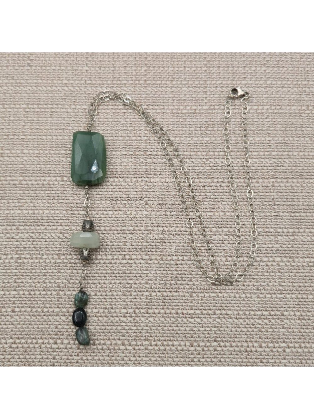 22 Inch Sterling Silver Aventurine Faceted Rectangle Bead Tassel Drop Necklace B